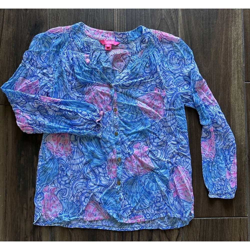 Lilly Pulitzer Elsa Top Blue Pink Seashell Print Button Front Blouse Small